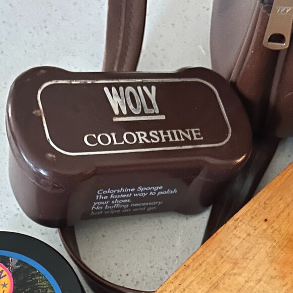 Vintage Vegan Leather Shoe Shine Kit Brown Box w/ Brushes Polish & Oil Handle - Picture 3 of 6